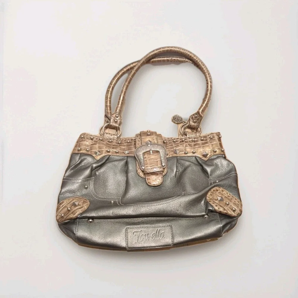 Vtg Y2K Lou-Ella Silver Croc Satchel Bag Studded Buckle Moto Boho slouchy Bling